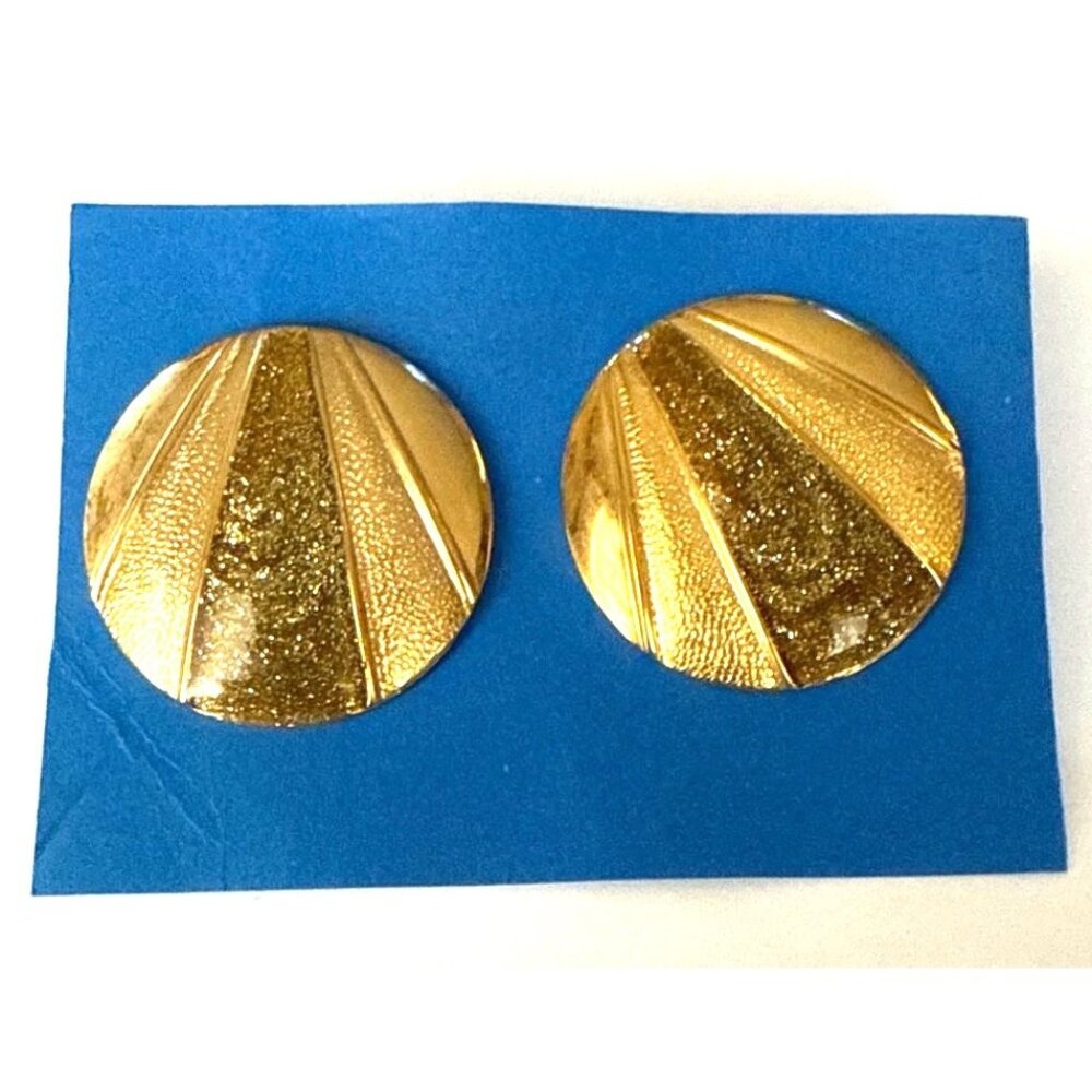 Vtg. Gold-Tone Round Clip-On Earrings  Textured Glittery Enamel Clips, jewelry